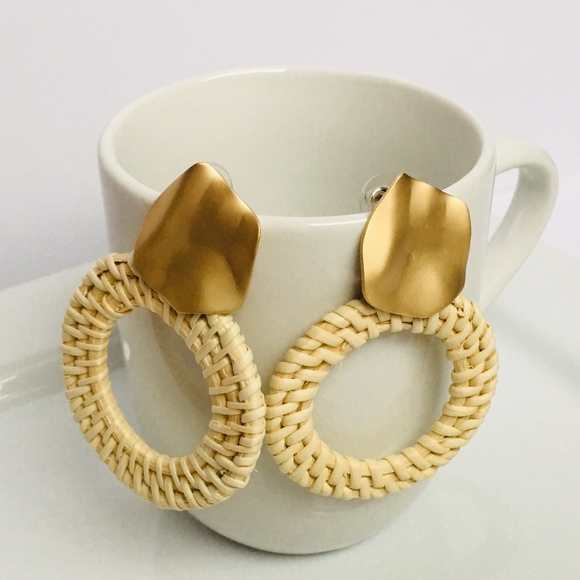 Rattan Woven Wicker Earrings with Gold Accent Stud - Picture 5 of 5